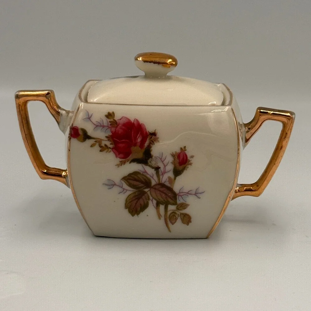 Vintage Royal Sealy China Pink Rose Lidded Sugar Bowl Gold Gilded Japan Decor